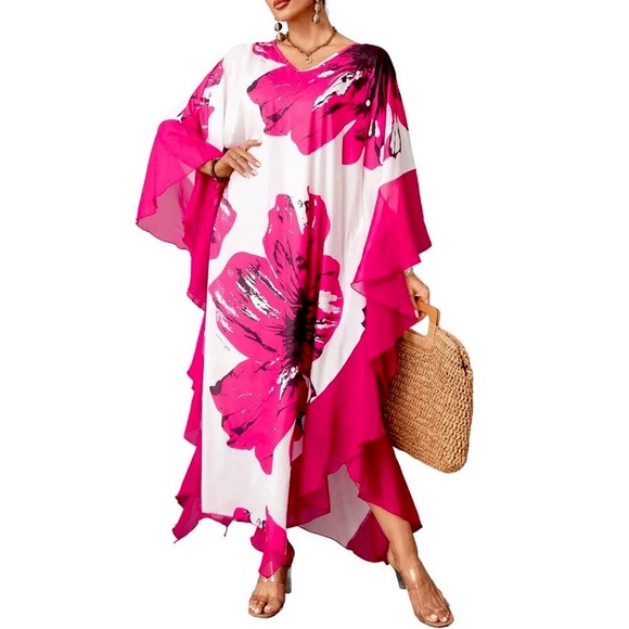 Vibrant Pink Floral Kaftan - Maxi Dress! - Picture 4 of 4